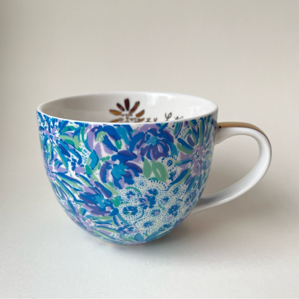 Lilly Pulitzer Coffee Tea Mug Cup Blue Gold Floral 12oz